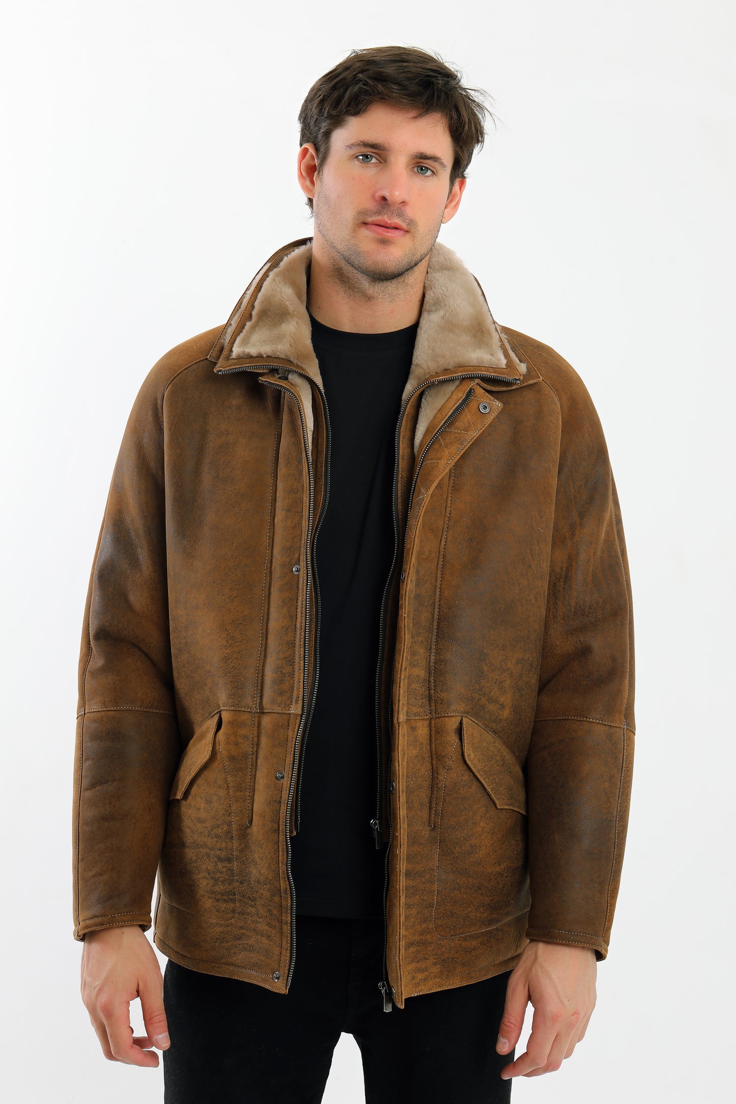 Double Collar Sheepskin Shearling Coat
