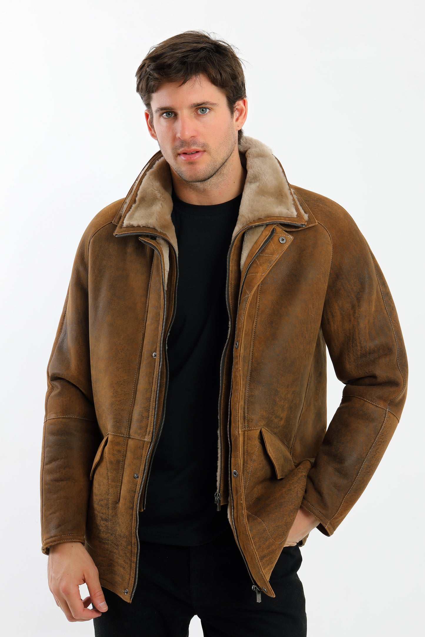 Double Collar Sheepskin Shearling Coat