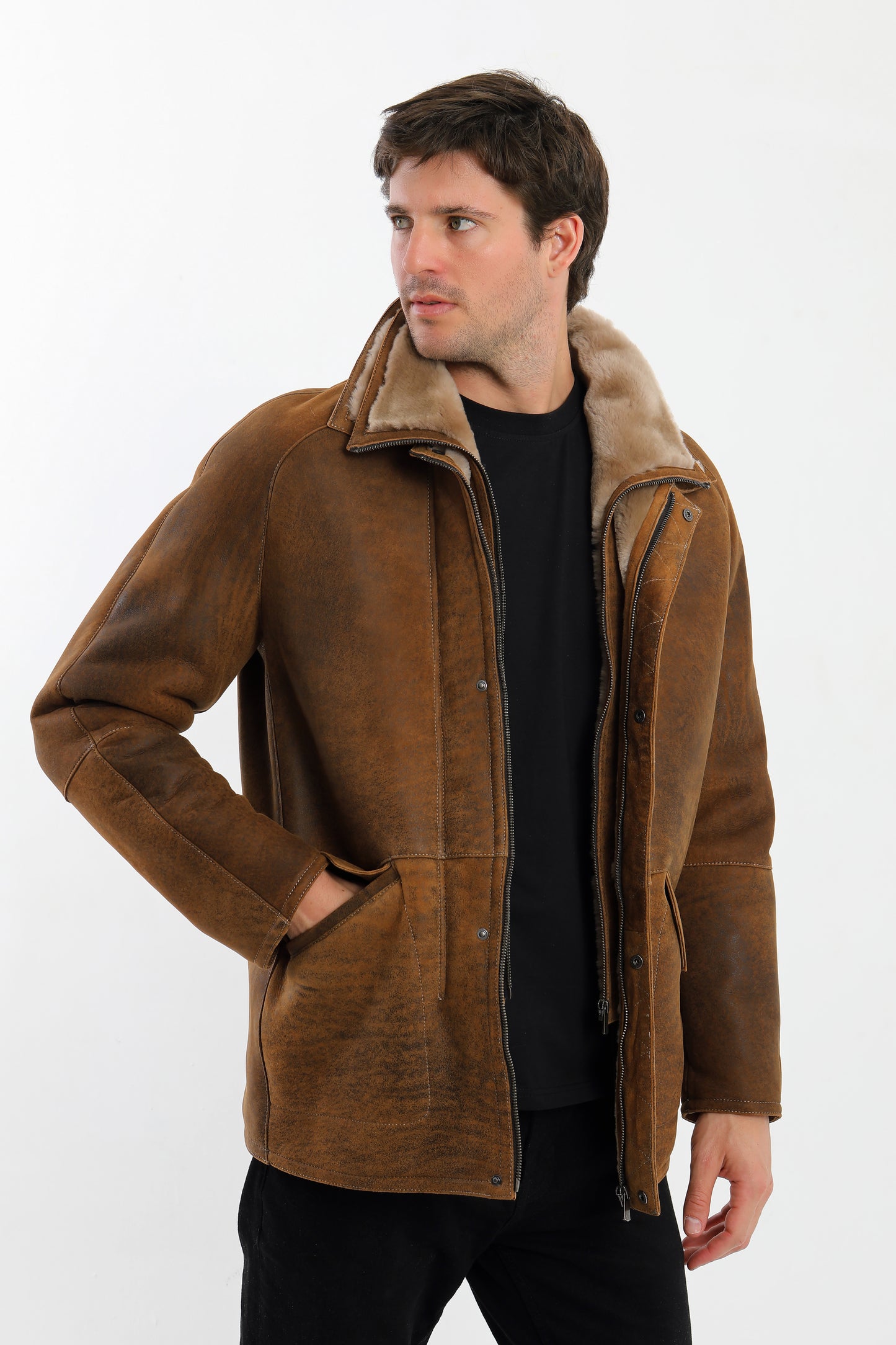 Double Collar Sheepskin Shearling Coat