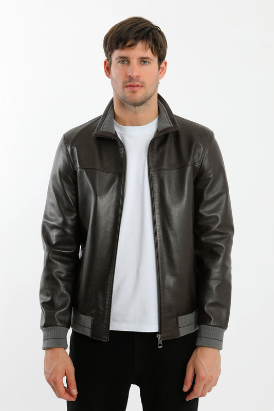 Brown Leather Bomber Jacket