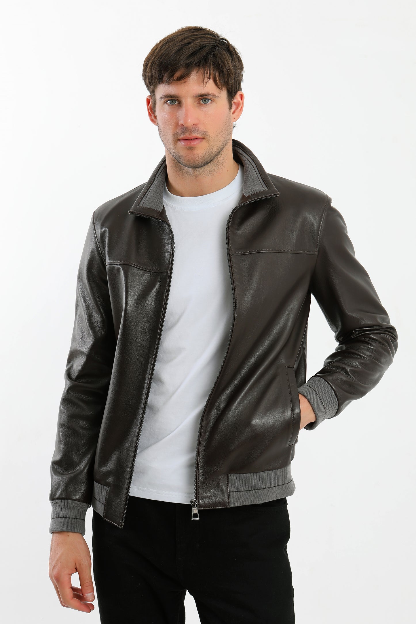 Brown Leather Bomber Jacket