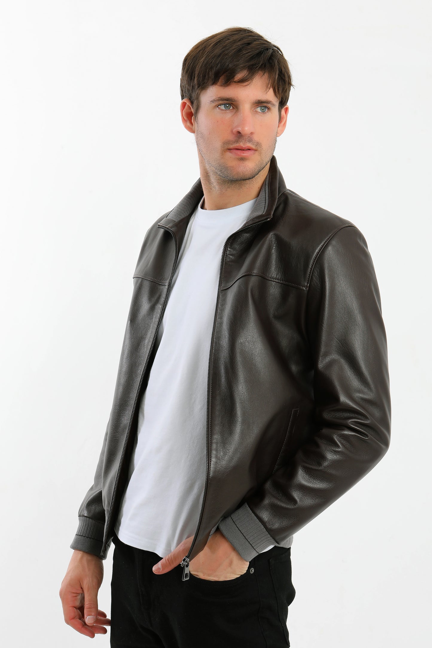 Brown Leather Bomber Jacket