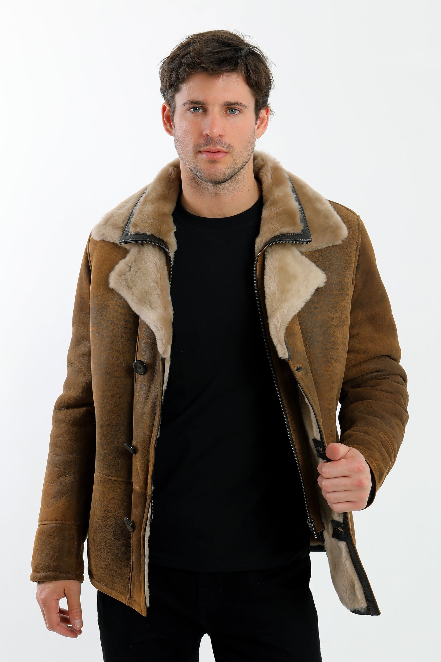 Double Collar Sheepskin Shearling Coat
