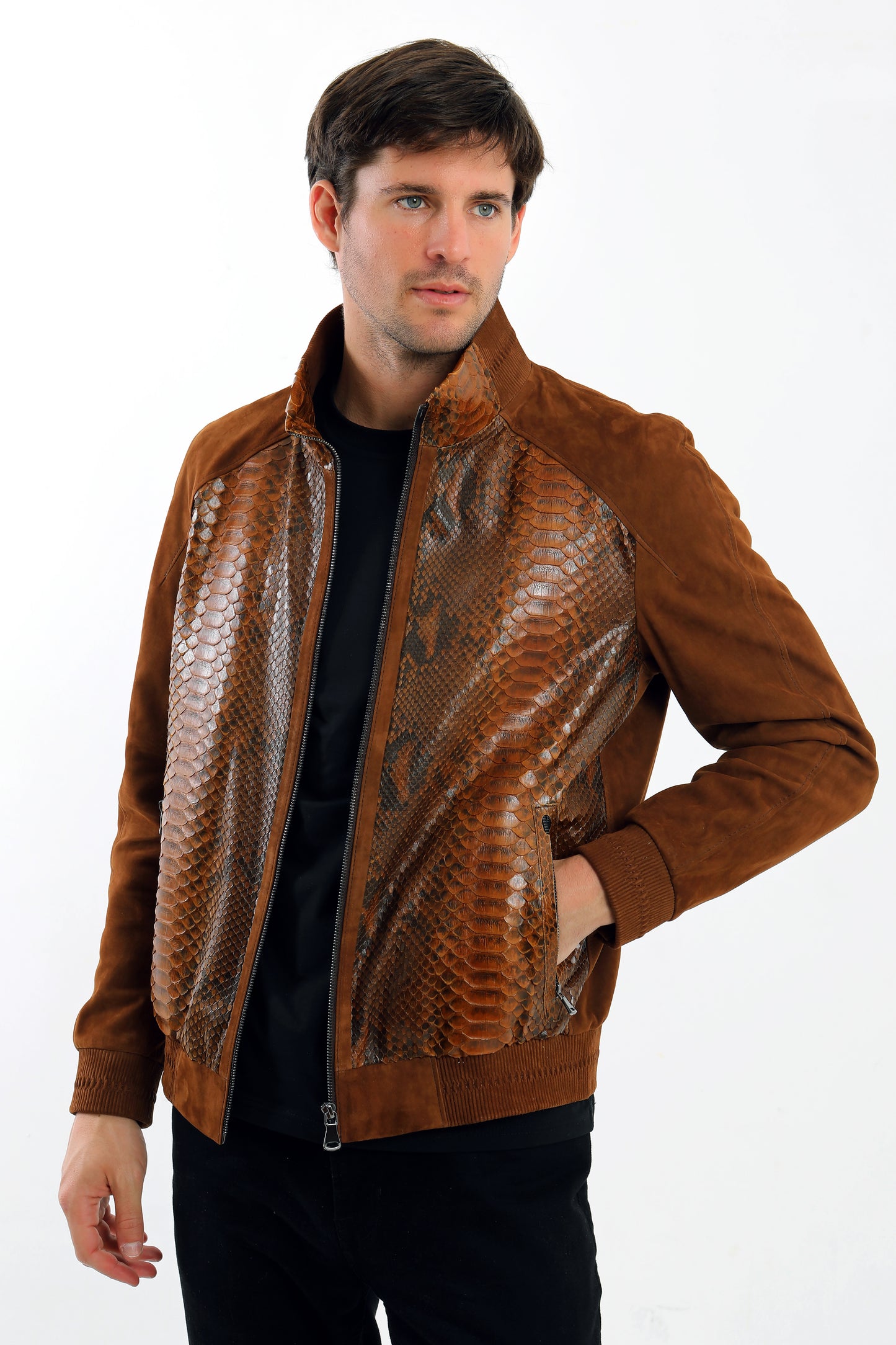 Suede & Python Bomber  Jacket