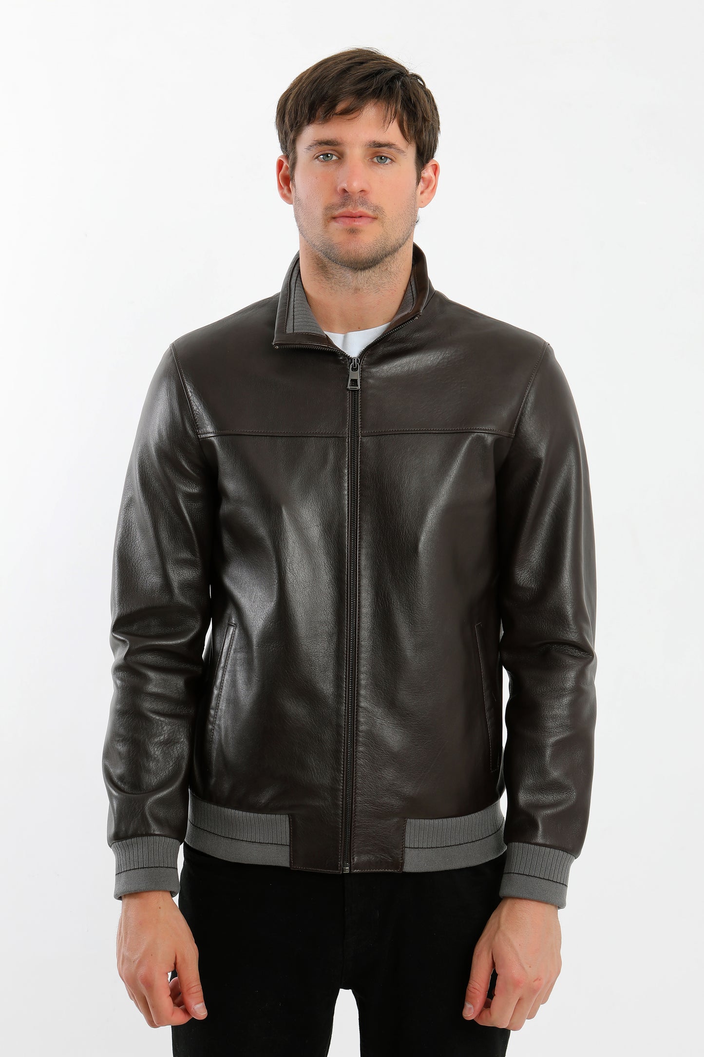 Brown Leather Bomber Jacket