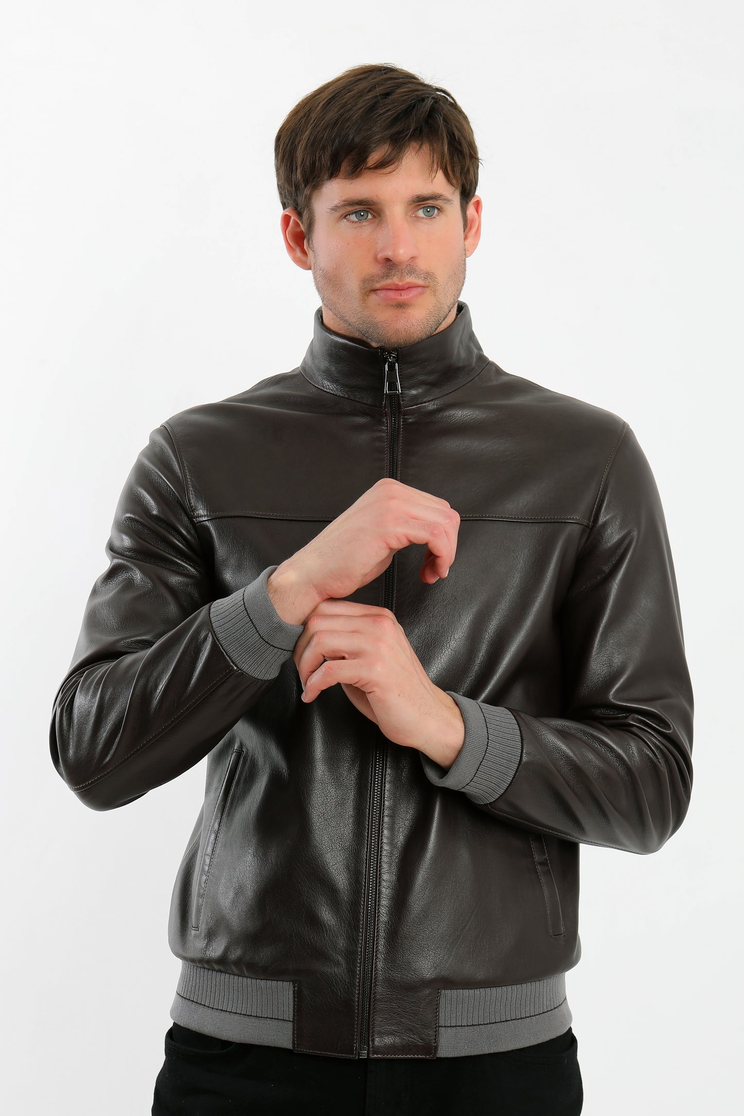 Brown Leather Bomber Jacket