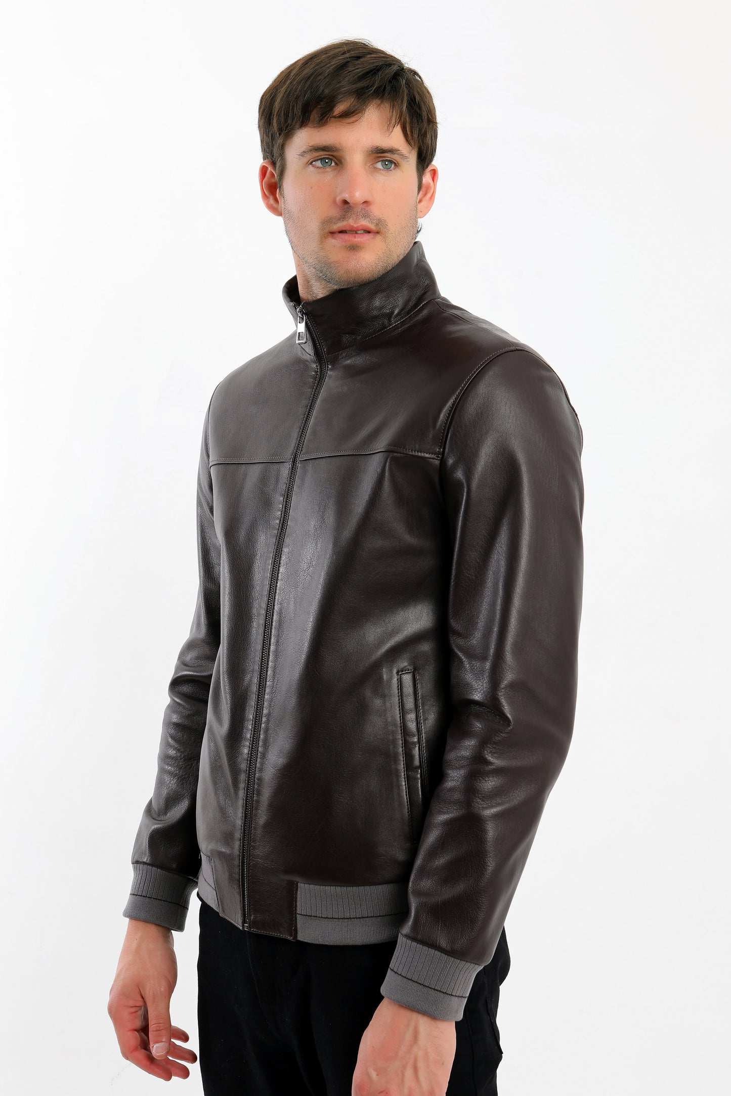 Brown Leather Bomber Jacket